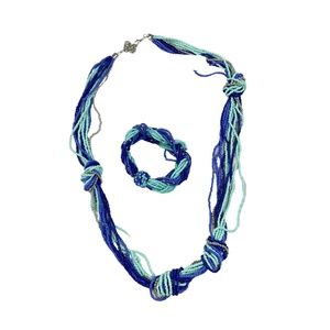 Blue and Silver Beaded Necklace, Matching Bracelet